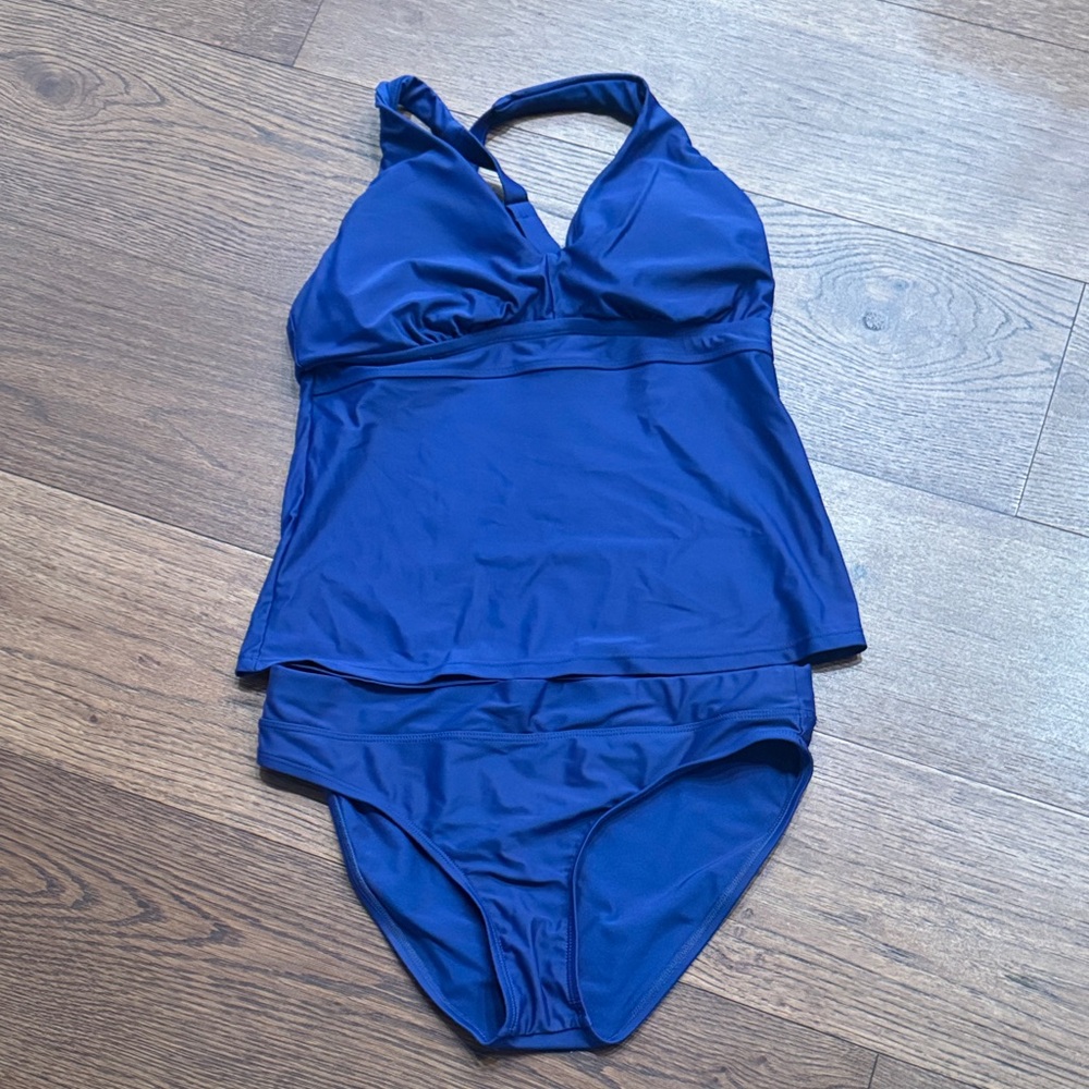Women's Blue Tankini Swimsuit Set - Classic Halter Tankini Top & Brief